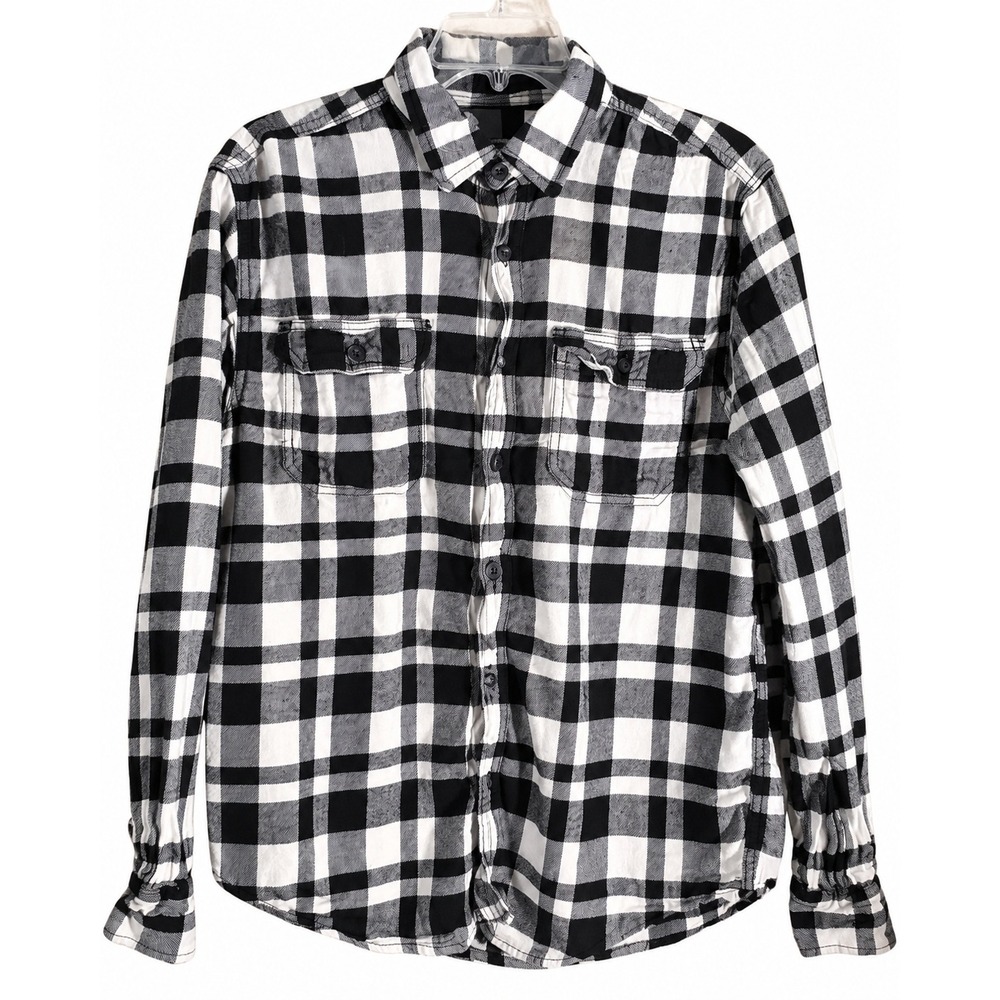 Black White Buffalo Plaid Flannel Shirt M Grunge Skater Streetwear Workwear - Picture 2 of 3